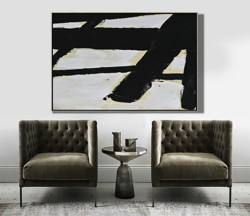Living Room Wall Art,Horizontal Palette Knife Minimal Canvas Art Painting Black White Beige - Big Canvas Painting